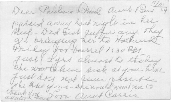 Sister Bessie Death Postcard from Carrie