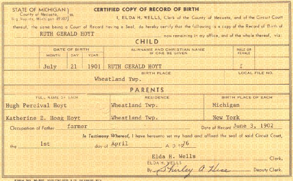 Ruth Gerould Hoyt's - Birth Certificate July 12, 1901